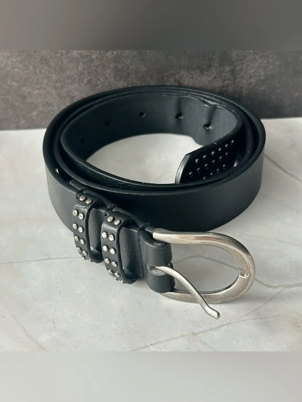 Black Leather Studded Belt with Silver Buckle